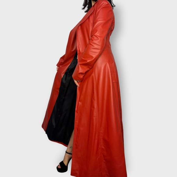 Vintage 1970’s Real Leather Full Length Red Open Coat - Picture 4 of 11